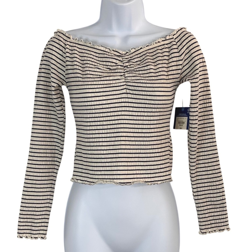 NWT Arizona Jean Co Women's M Striped Off Shoulder Smocked Top Cream Navy Blue